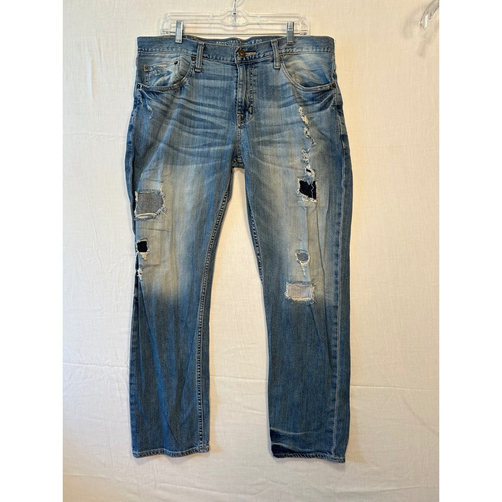 Mossimo Supply Co Mens Straight Leg Distressed Patched Medium Wash Jeans 36x29